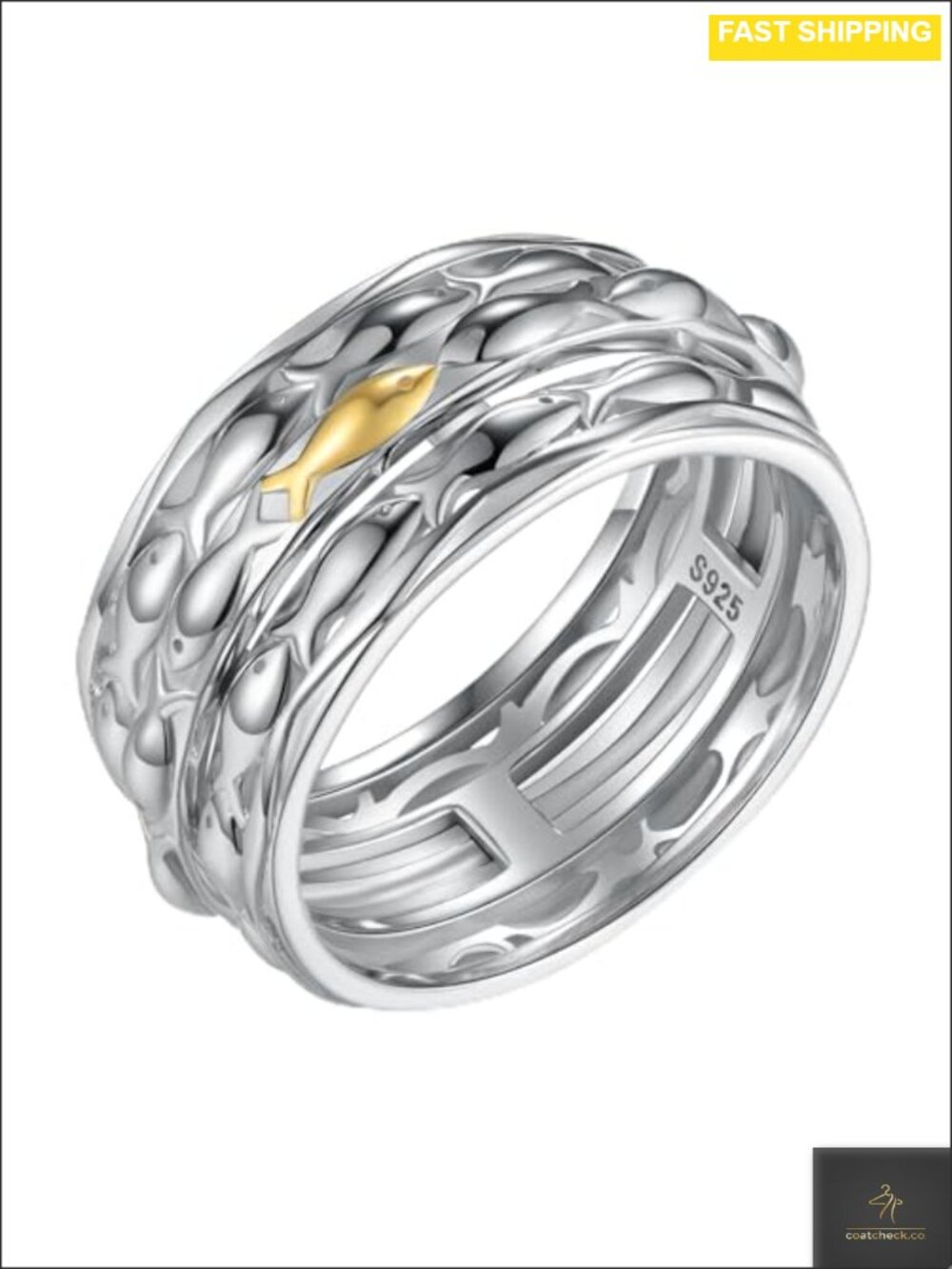 925 Sterling Silver Fish Anxiety Spinner Ring Fidget Band